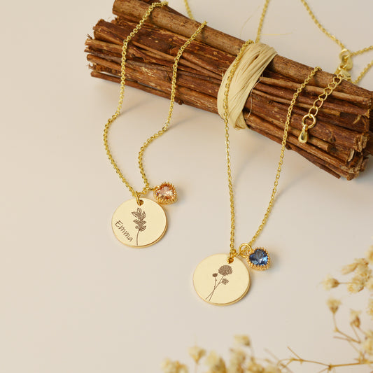 personalisierte Geburtsblume Halskette mit Herz Geburtsstein