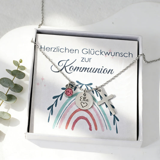 Personalisierte Kreuz Kette mit Geburtsstein – Geschenk zur Kommunion & Konfirmation