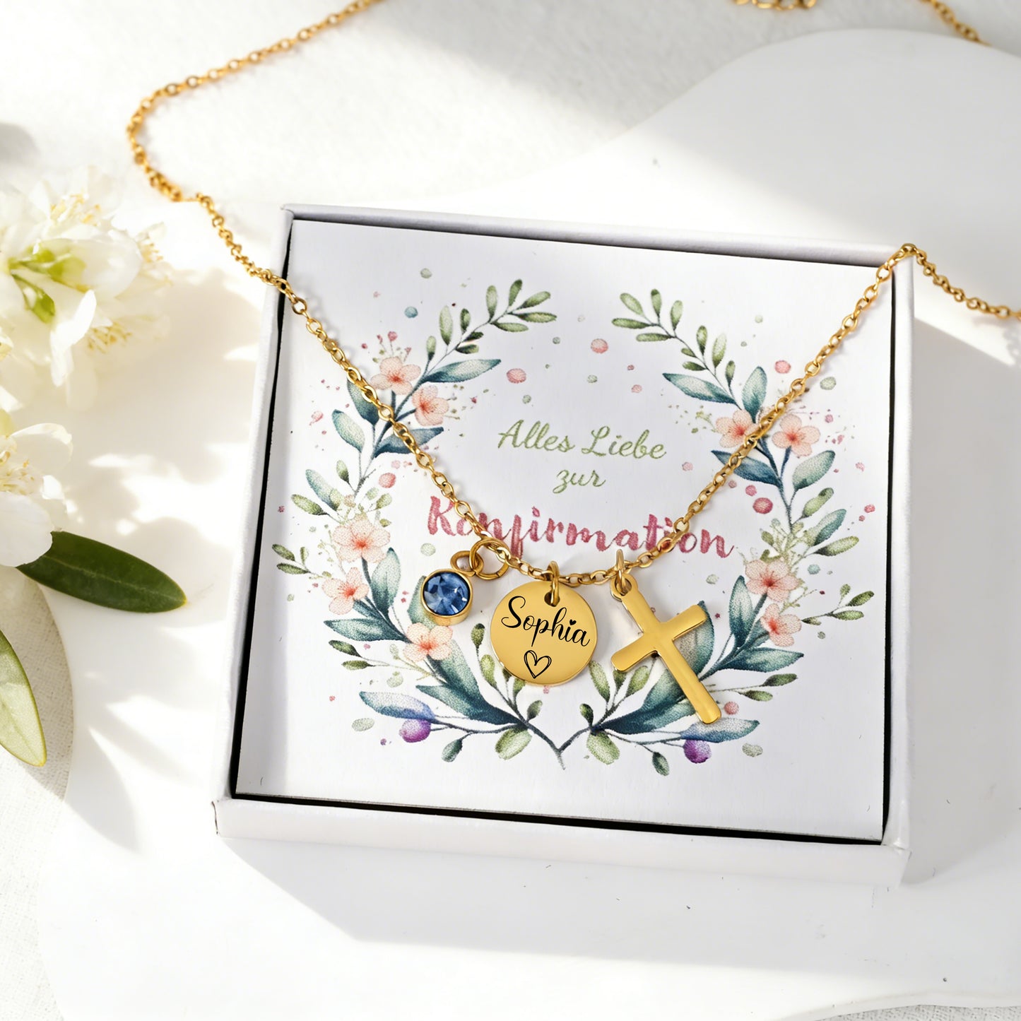 Personalisierte Kreuz Kette mit Geburtsstein – Geschenk zur Kommunion & Konfirmation