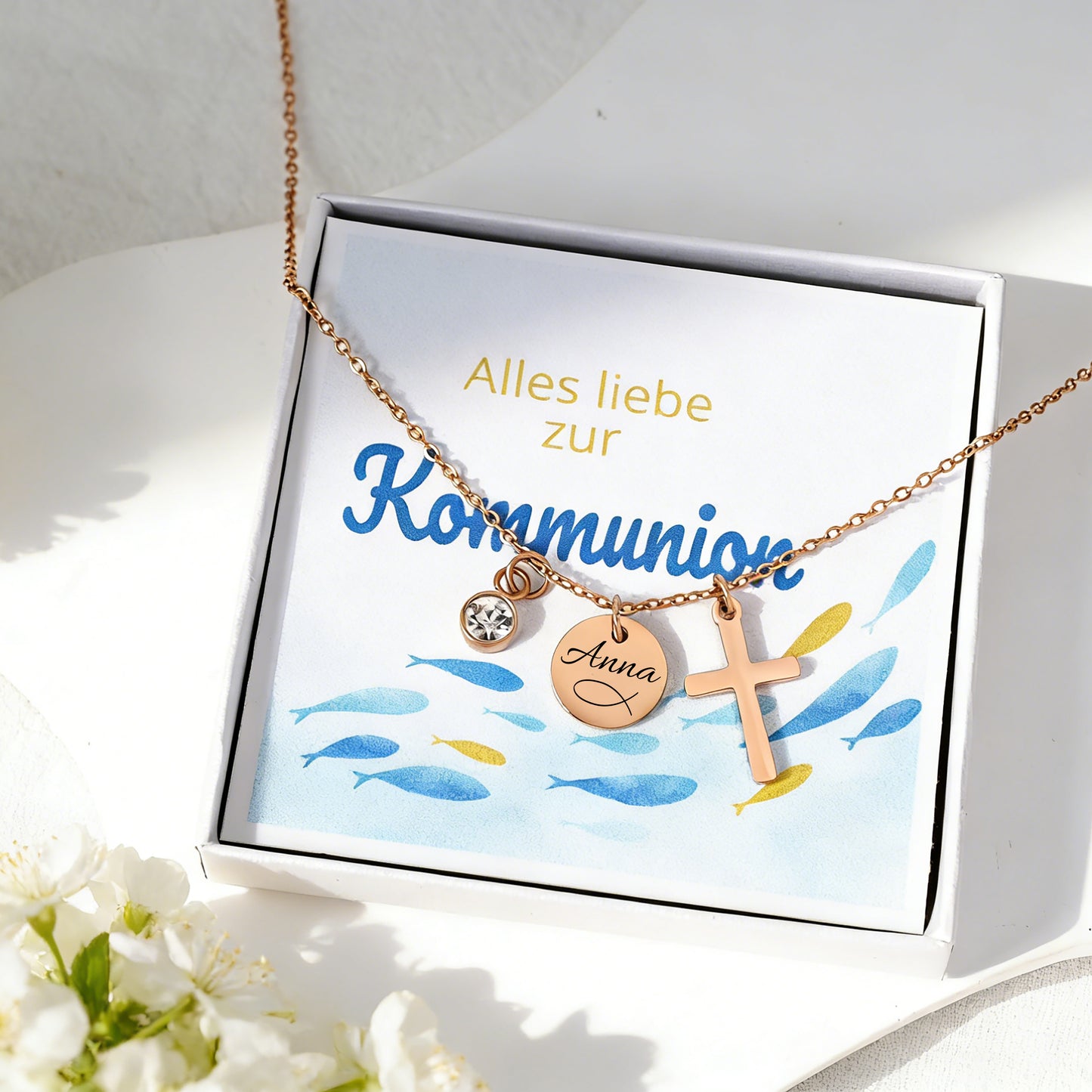 Personalisierte Kreuz Kette mit Geburtsstein – Geschenk zur Kommunion & Konfirmation