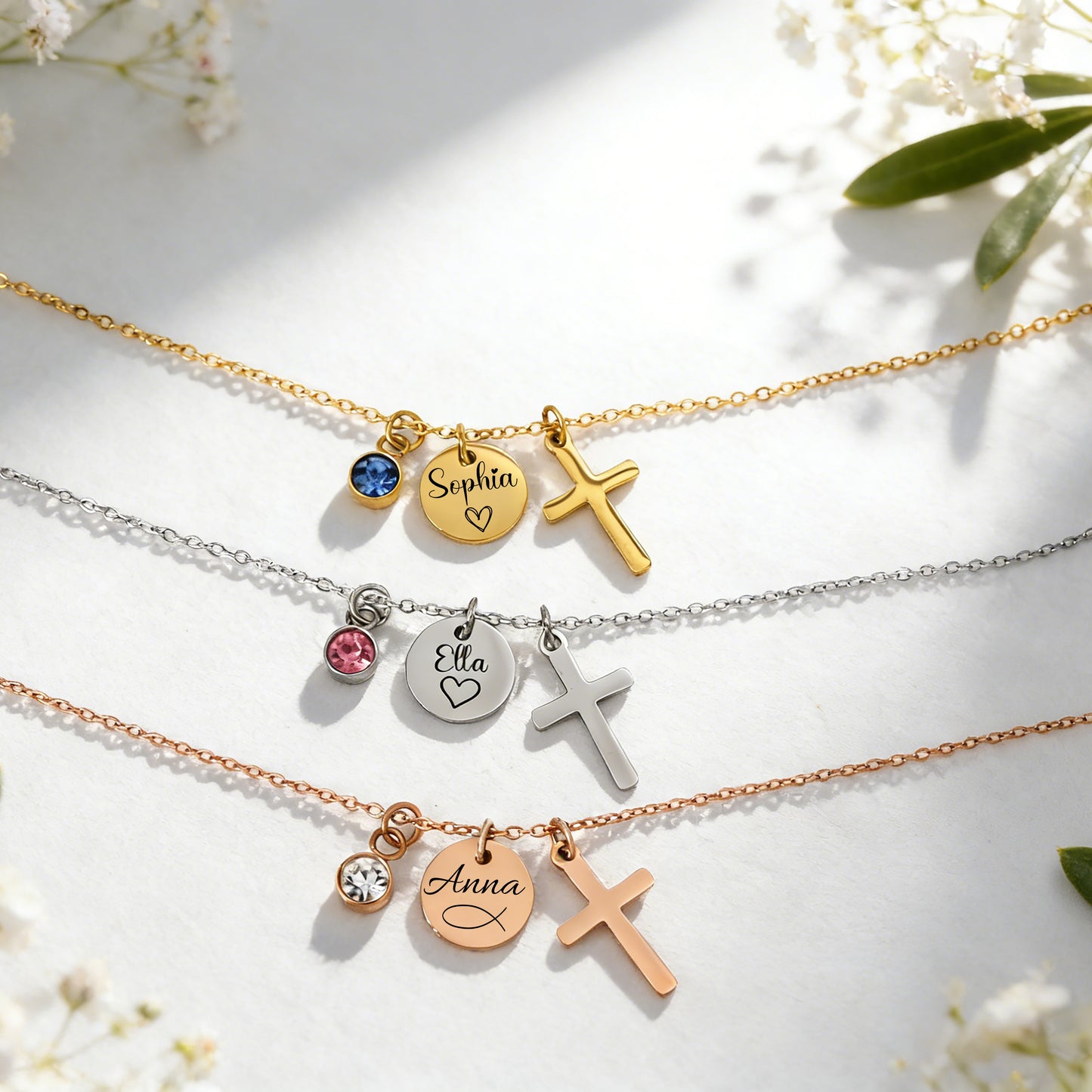 Personalisierte Kreuz Kette mit Geburtsstein – Geschenk zur Kommunion & Konfirmation