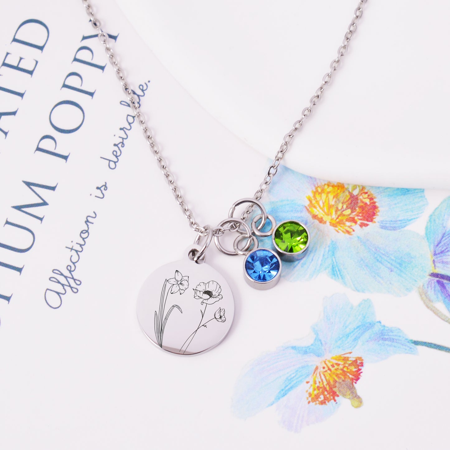 Personalisierte Kette mit Geburtsblume und Geburtsstein