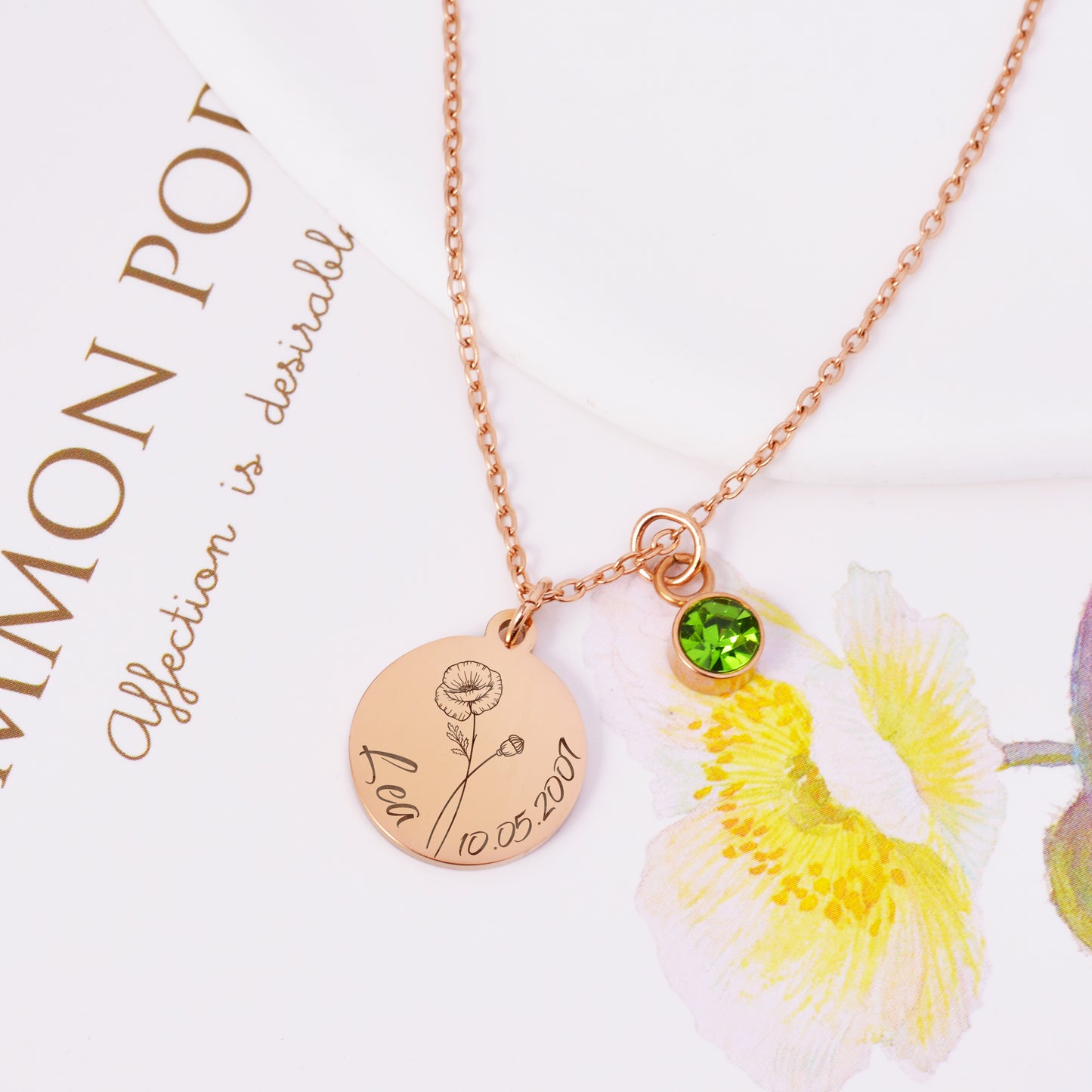 Personalisierte Kette mit Geburtsblume und Geburtsstein