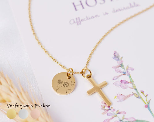 Personalisiertes Kreuz Kette – Gravur mit Namen & Symbol • Geschenk zur Taufe, Erstkommunion oder Konfirmation